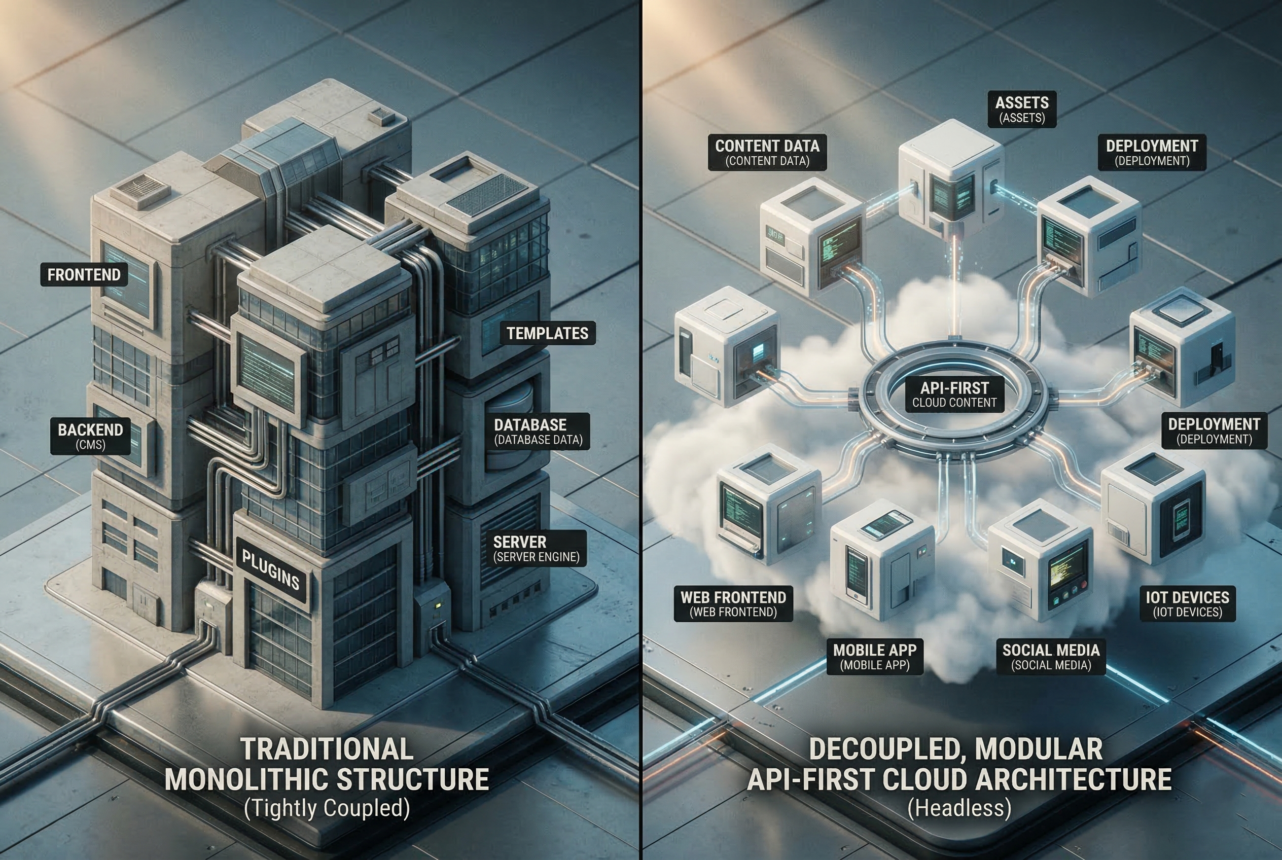 Graphic comparison illustration showing a single, traditional website architecture contrasting with a modern, modular API-first system with flexible data blocks.