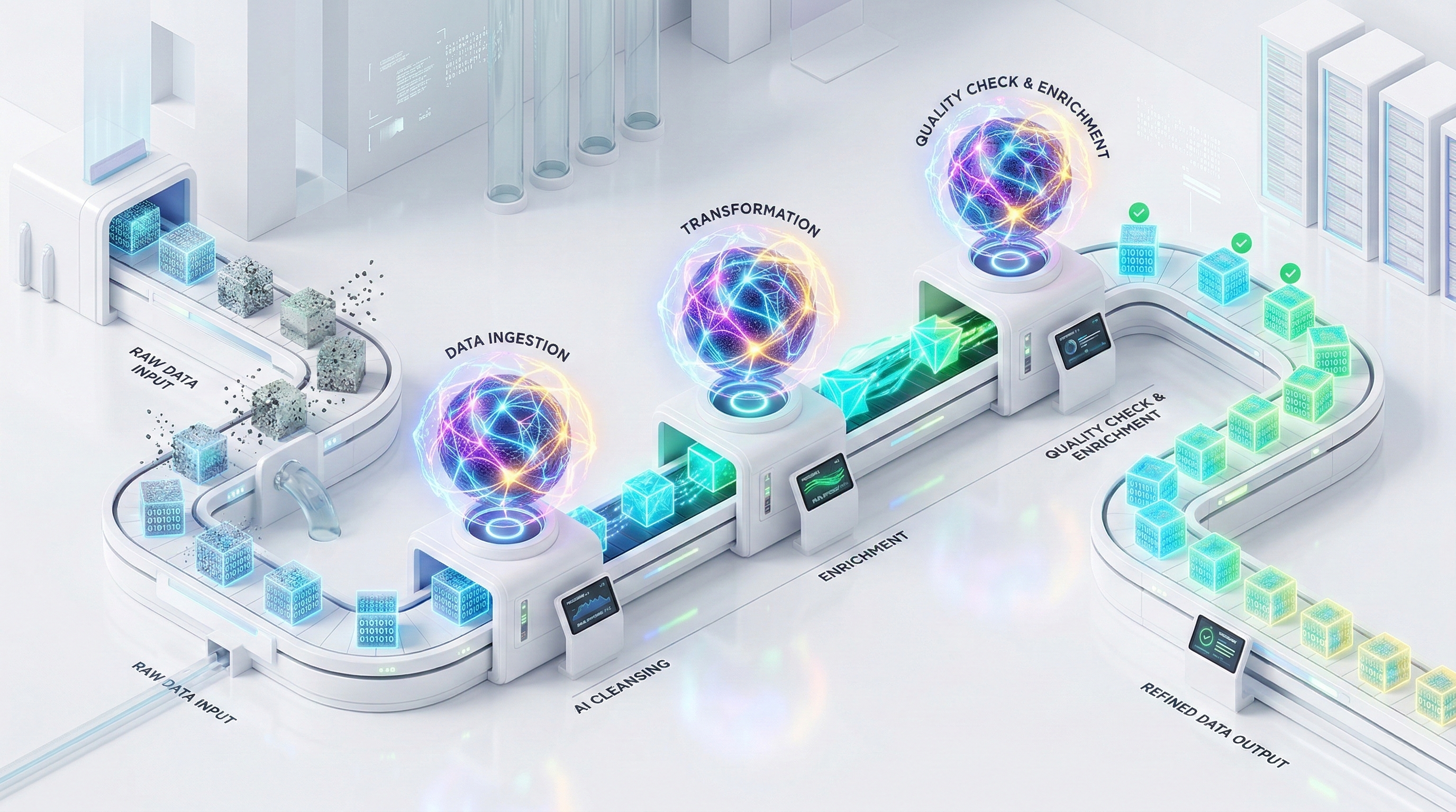 A minimalist 3D isometric illustration of a futuristic data refinery on a clean white background. A winding conveyor belt carries glowing blue data cubes from a "Raw Data Input" portal through various processing stages marked by large, glowing holographic spheres. These AI nodes, labeled "Data Ingestion," "Transformation," and "Quality Check & Enrichment," refine the cubes until they turn a vibrant green and exit through a "Refined Data Output" portal. The design uses a professional palette of soft blues, purples, and greens.
