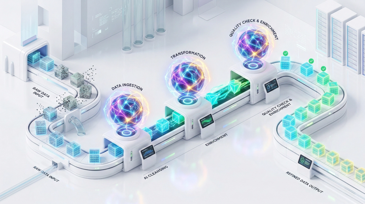 A minimalist 3D isometric illustration of a futuristic data refinery on a clean white background. A winding conveyor belt carries glowing blue data cubes from a "Raw Data Input" portal through various processing stages marked by large, glowing holographic spheres. These AI nodes, labeled "Data Ingestion," "Transformation," and "Quality Check & Enrichment," refine the cubes until they turn a vibrant green and exit through a "Refined Data Output" portal. The design uses a professional palette of soft blues, purples, and greens.