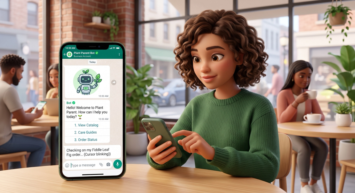 Customer typing a message to an automated WhatsApp business chatbot on mobile