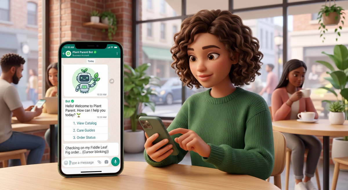 Customer typing a message to an automated WhatsApp business chatbot on mobile