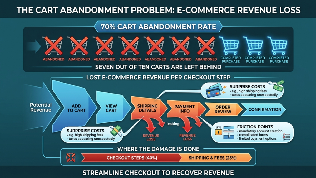 Infographic showing 70% cart abandonment rate and lost ecommerce revenue per checkout step
