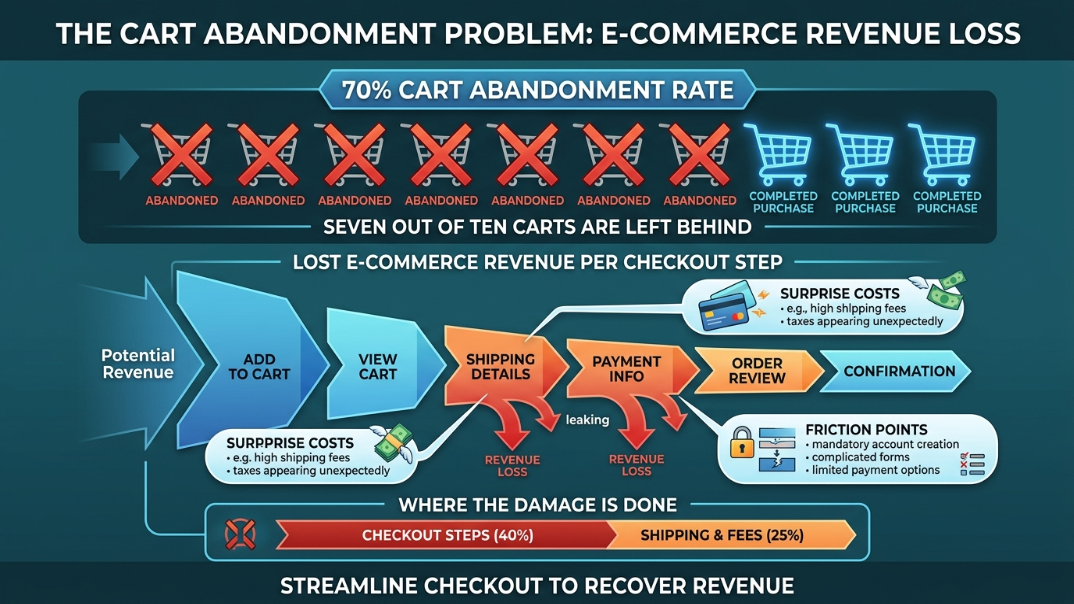 Infographic showing 70% cart abandonment rate and lost ecommerce revenue per checkout step