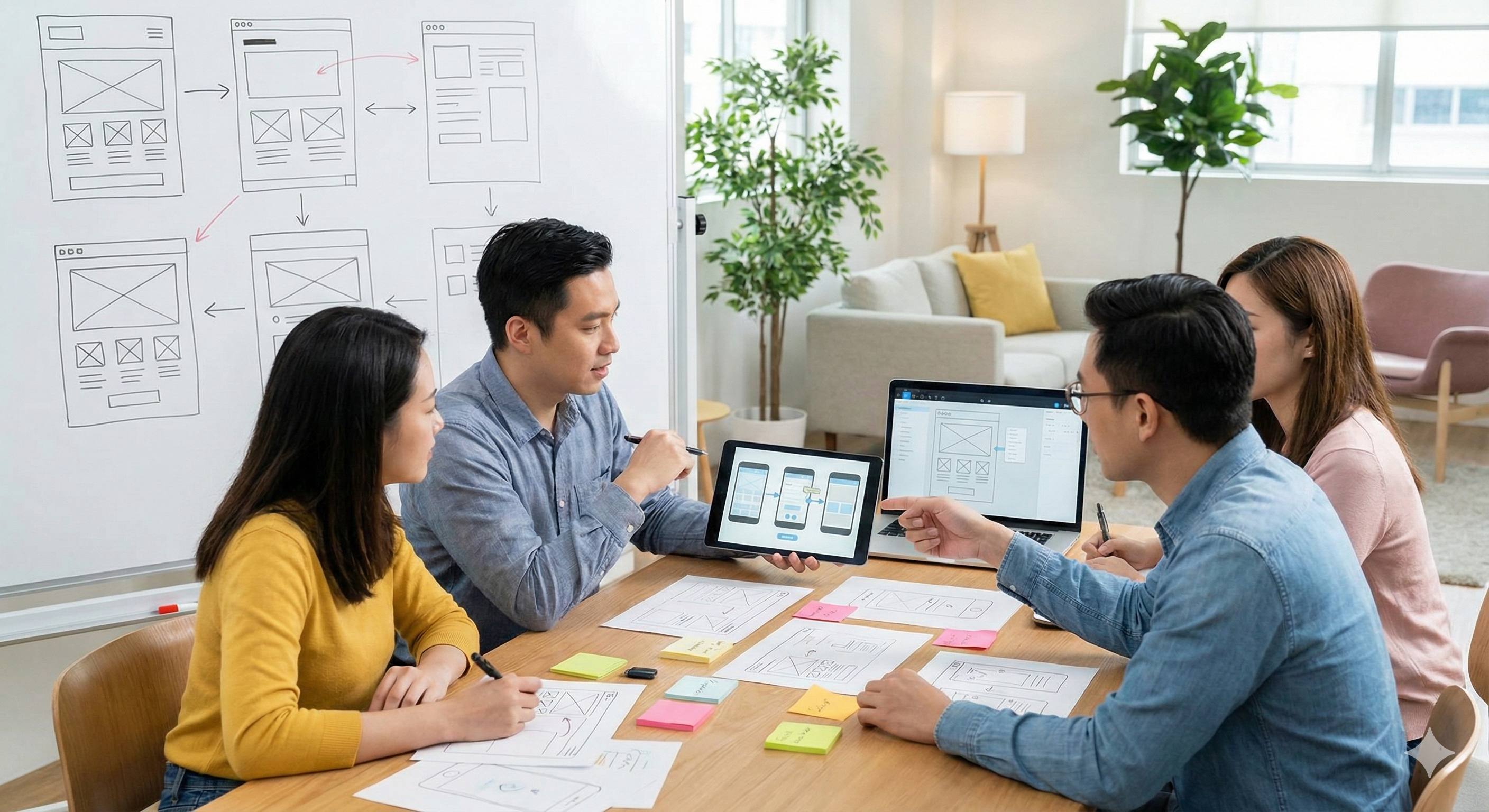 A professional UI/UX design team collaborating on mobile app wireframing and prototyping in a modern office.