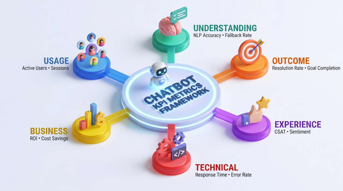 Diagram of six chatbot KPI groups: usage, understanding, outcome, experience, technical and business