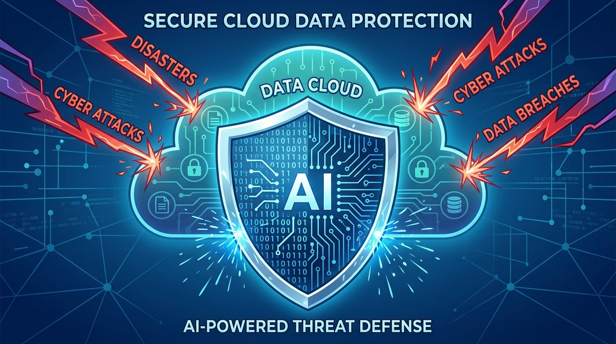 Digital shield made of AI code protecting data from lightning strikes.