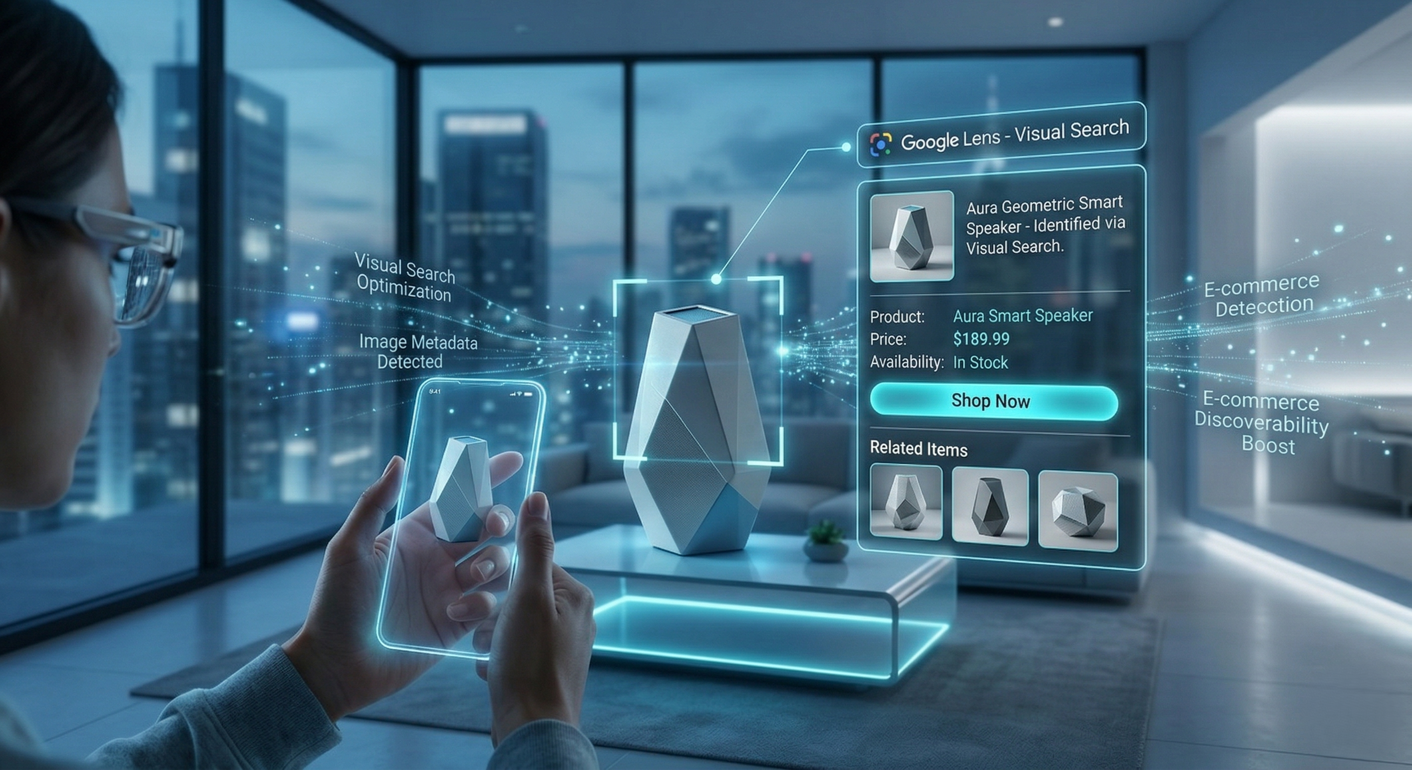 A person using a futuristic transparent smartphone and Google Lens to identify an 'Aura Smart Speaker' in a modern living room. A large holographic overlay displays product details, price, 'Shop Now' button, and technical labels like 'Visual Search Optimization' and 'Image Metadata Detected.'