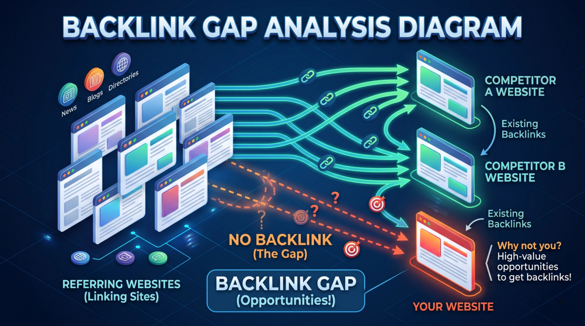 Diagram showing websites that link to two competitors but not to your site, highlighting backlink gap opportunities