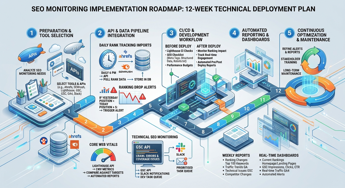 Implementation timeline showing phases from tool selection and API setup through data integration to automated reporting and continuous optimization over 12 weeks.