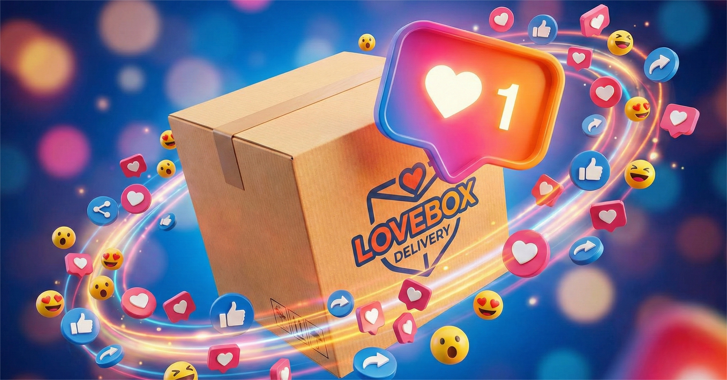 A 3D illustration of a cardboard delivery box with a "LOVEBOX DELIVERY" logo. A large, glowing heart-shaped notification icon with the number "1" floats above it. Surrounding the box are orbiting rings of light and numerous small 3D social media icons, including hearts, thumbs-up likes, emojis, and share arrows, against a vibrant blue and pink bokeh background.