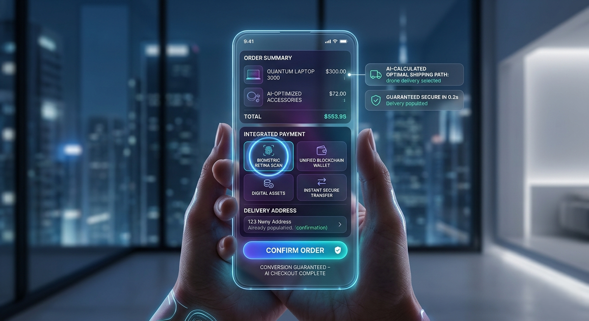 A person holding a transparent, glowing smartphone displaying an AI-powered checkout screen. The interface features biometric retina scanning, a unified blockchain wallet, and real-time drone delivery tracking against a blurred city skyline at night.