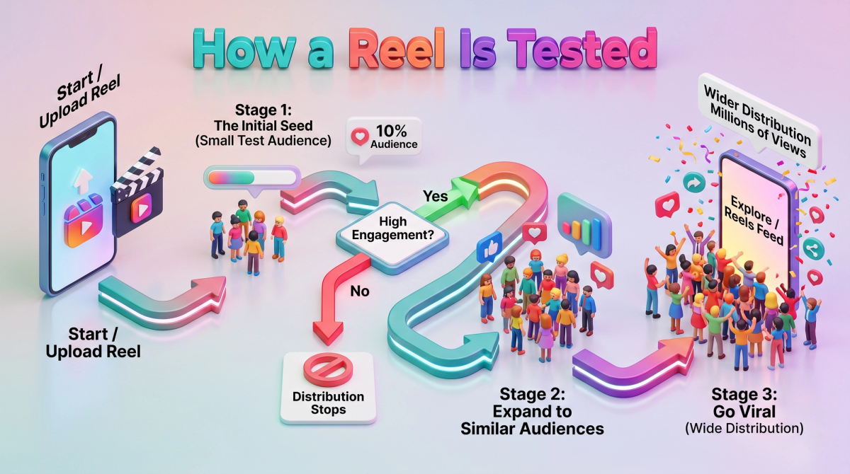 Flowchart of a Reel moving from a small test audience to wider distribution