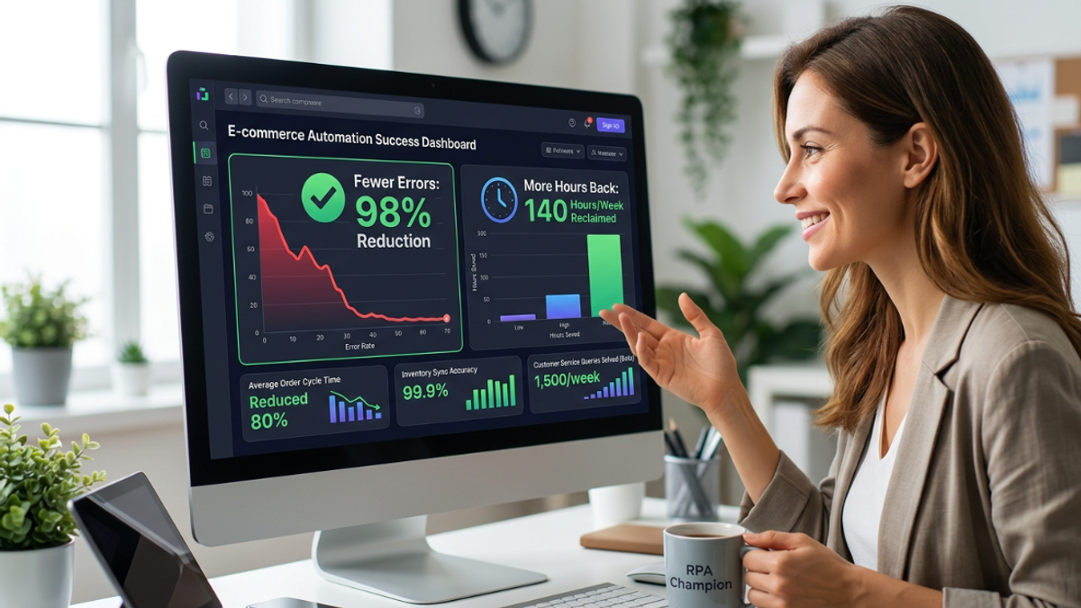 A business professional looking at an E-commerce Automation Success Dashboard displaying a 98% error reduction and 140 hours saved per week.