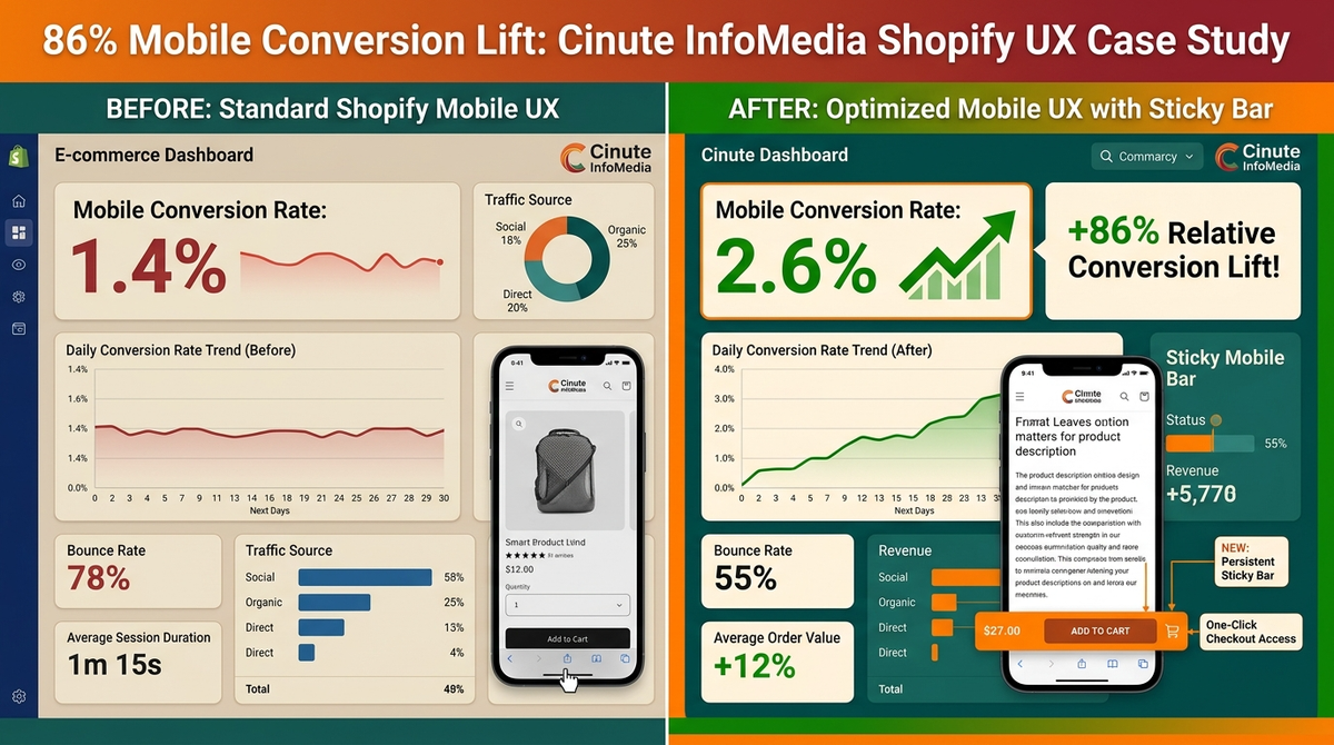 Cinute InfoMedia Shopify UX case study mobile conversion rate lifted from 1.4% to 2.6% with sticky cart bar and optimized checkout, an 86% relative lift.