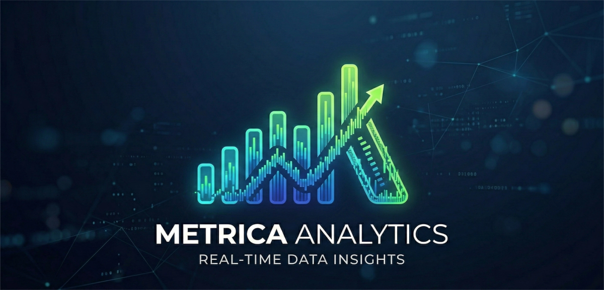 A dark blue background with blurred, glowing network lines features the official logo of Metrica Analytics. The central icon is a dynamic graphic with a teal-to-green gradient, composed of segmented vertical bars that form an abstract 'M' and increasing height. Overlaying the bars is a segmented line that follows a wavy upward trajectory, culminating in an arrow pointing right. Below the icon, the company name "METRICA ANALYTICS" is written in bold white sans-serif text, with the tagline "REAL-TIME DATA INSIGHTS" centered beneath it in a smaller font.