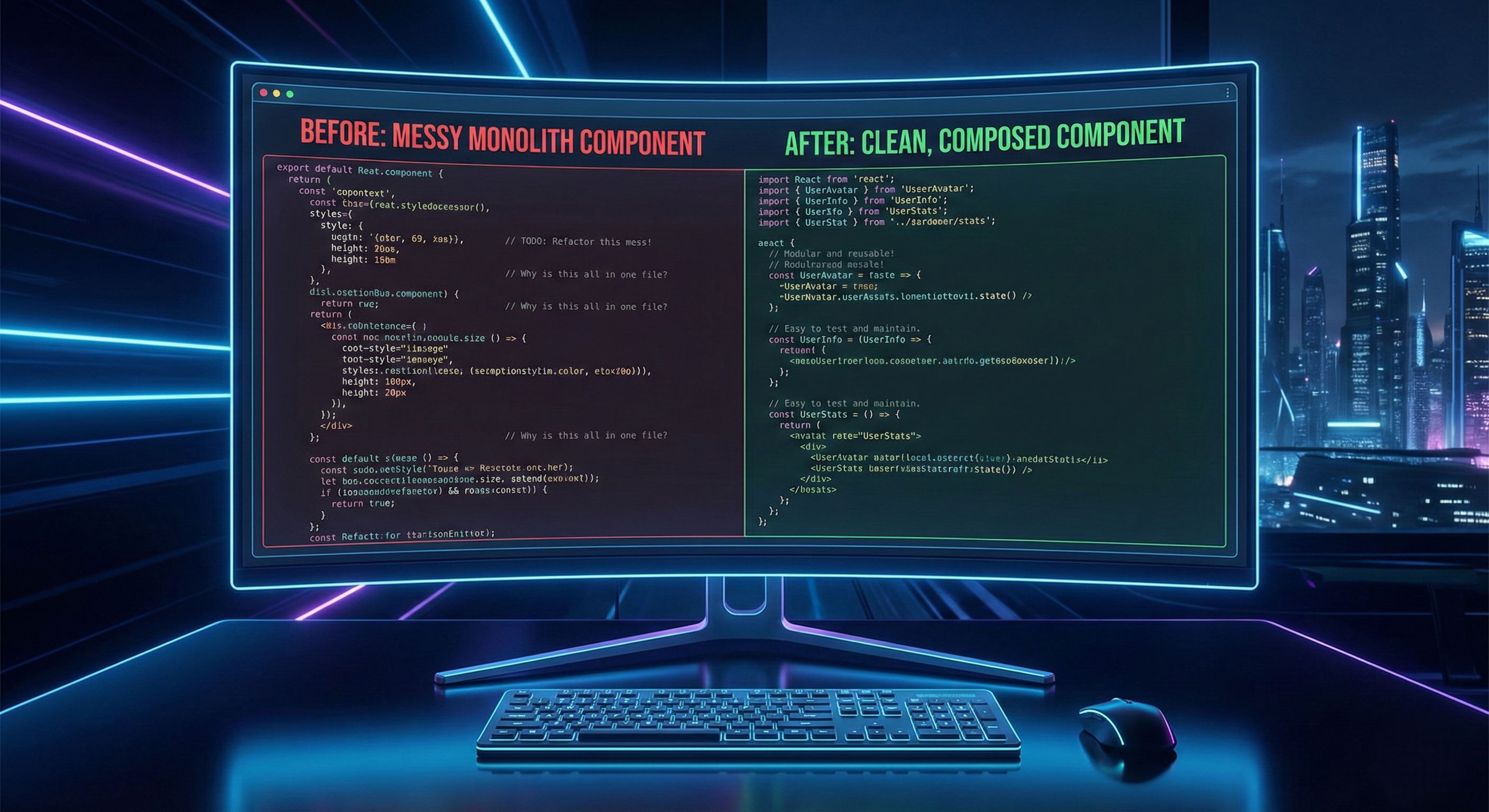 A futuristic workspace with a curved monitor displaying a side-by-side code comparison. On the left, under a red heading "BEFORE: MESSY MONOLITH COMPONENT," is a large, disorganized block of code. On the right, under a green heading "AFTER: CLEAN, COMPOSED COMPONENT," is a well-structured, modular code example. The monitor is set against a neon-lit city skyline.