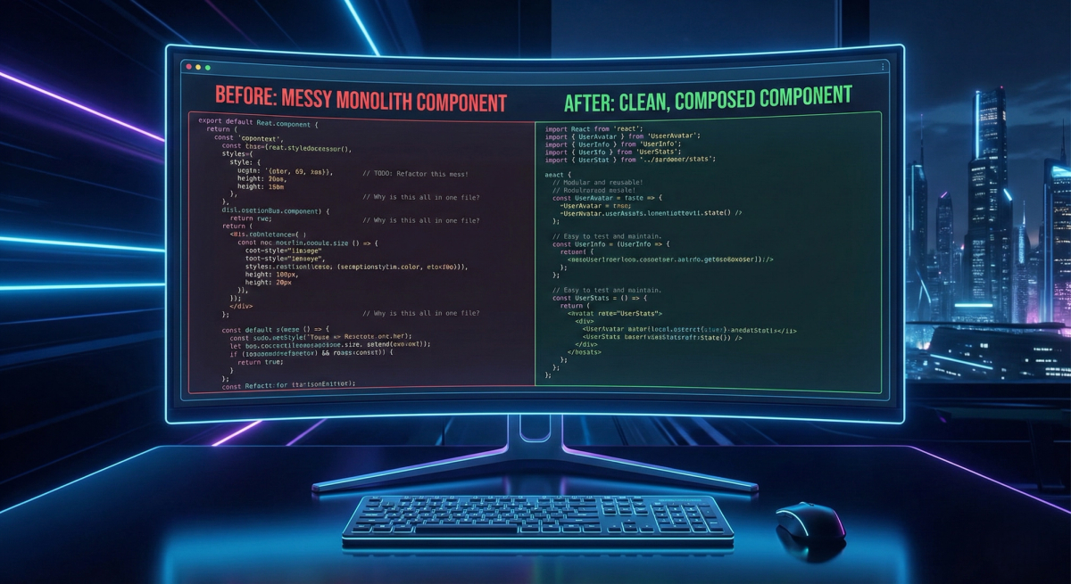 A futuristic workspace with a curved monitor displaying a side-by-side code comparison. On the left, under a red heading "BEFORE: MESSY MONOLITH COMPONENT," is a large, disorganized block of code. On the right, under a green heading "AFTER: CLEAN, COMPOSED COMPONENT," is a well-structured, modular code example. The monitor is set against a neon-lit city skyline.