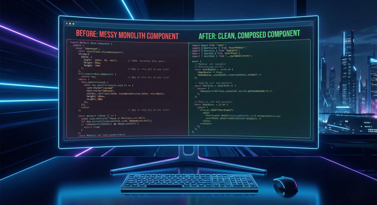 A futuristic workspace with a curved monitor displaying a side-by-side code comparison. On the left, under a red heading "BEFORE: MESSY MONOLITH COMPONENT," is a large, disorganized block of code. On the right, under a green heading "AFTER: CLEAN, COMPOSED COMPONENT," is a well-structured, modular code example. The monitor is set against a neon-lit city skyline.