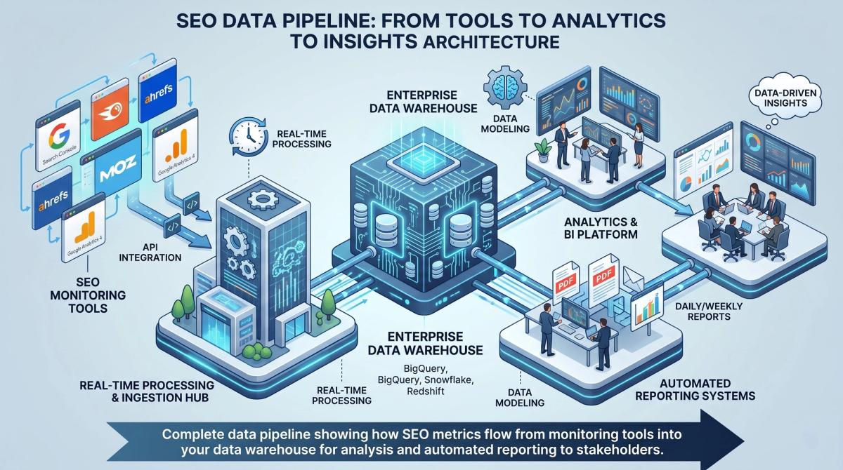 Data pipeline diagram showing flow from SEO monitoring tools through APIs to data warehouse, analytics platform, and automated reporting systems with real-time processing