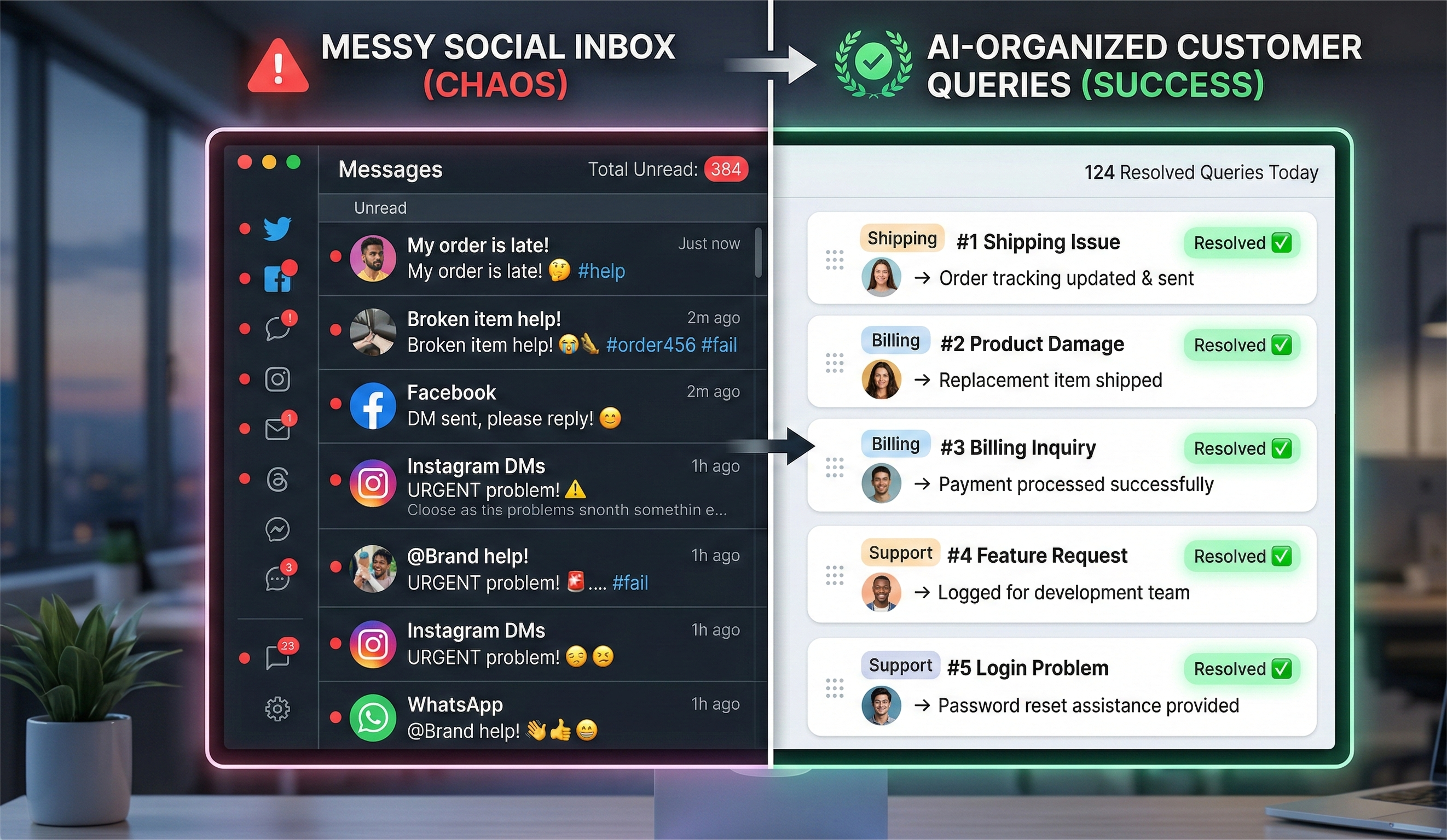 A split-screen comparison on a computer monitor. The left side, labeled "MESSY SOCIAL INBOX (CHAOS)," shows a dark-themed, cluttered inbox with hundreds of unread customer messages from platforms like Facebook and Instagram. An arrow points to the right side, labeled "AI-ORGANIZED CUSTOMER QUERIES (SUCCESS)," which features a clean, white list of resolved tasks categorized by "Shipping," "Billing," and "Support," each marked with a green "Resolved" checkmark and a summary of the action taken.