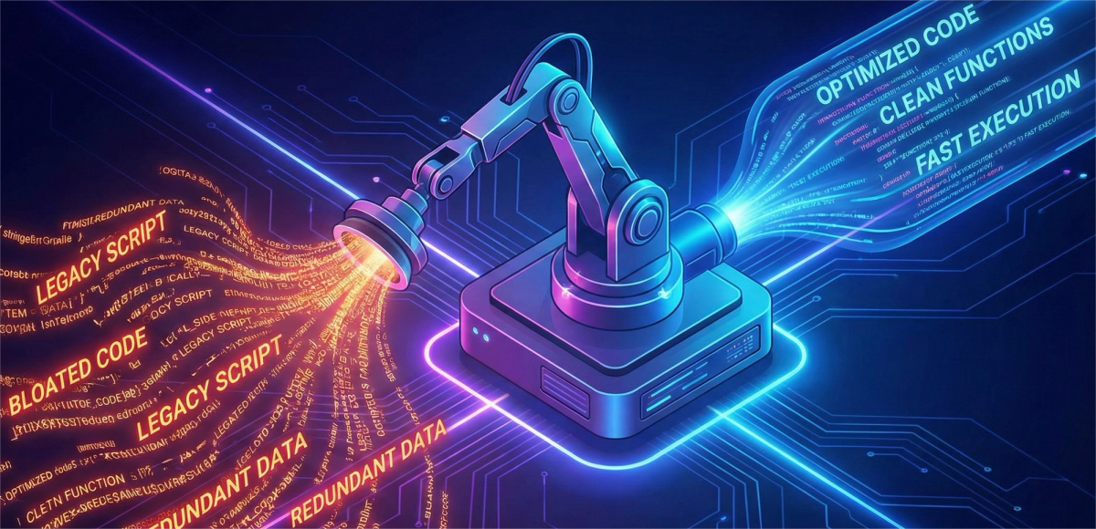 A futuristic blue robotic arm with a suction attachment is positioned on a glowing purple circuit board platform. It is vacuuming up glowing orange text representing "LEGACY SCRIPT," "BLOATED CODE," and "REDUNDANT DATA." From the other side of the machine, a stream of glowing blue text is being outputted, representing "OPTIMIZED CODE," "CLEAN FUNCTIONS," and "FAST EXECUTION." The entire scene is set against a dark blue background with circuit board patterns.