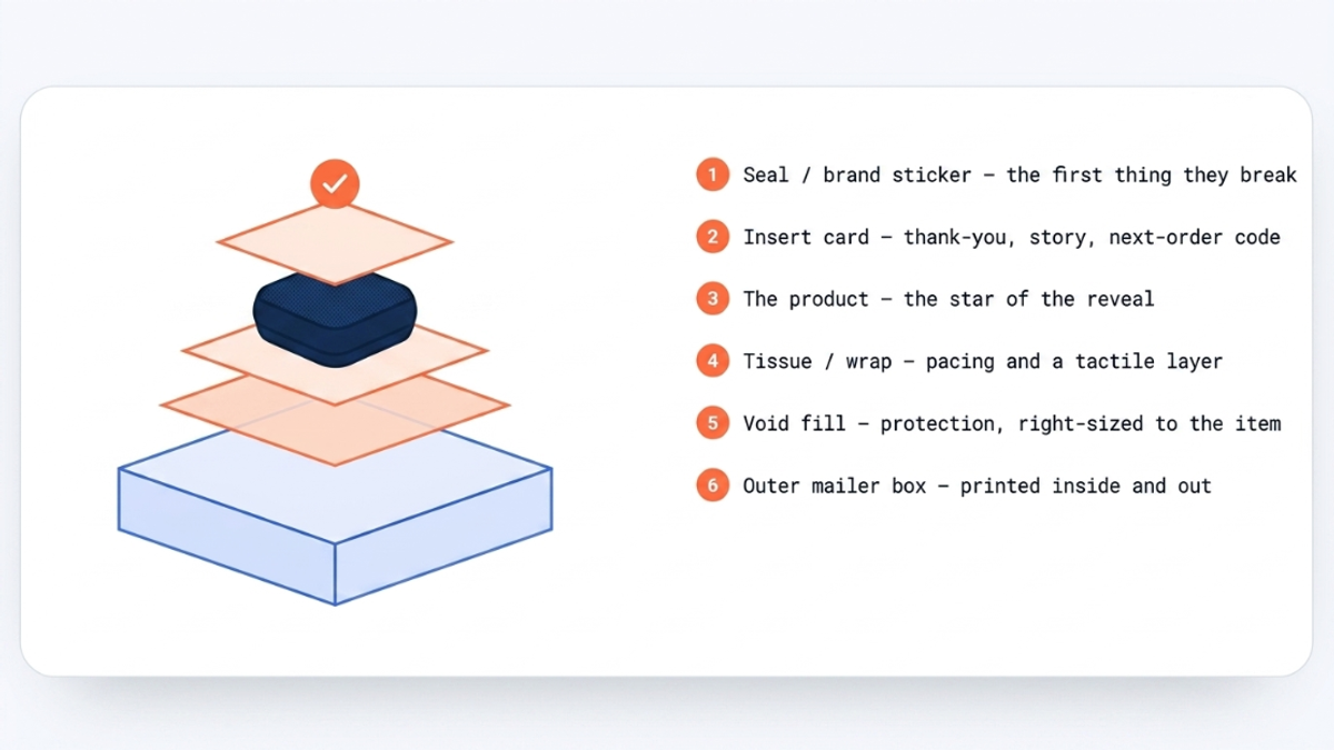 An exploded view infographic mapping out the 6 essential layers of premium e-commerce product packaging design