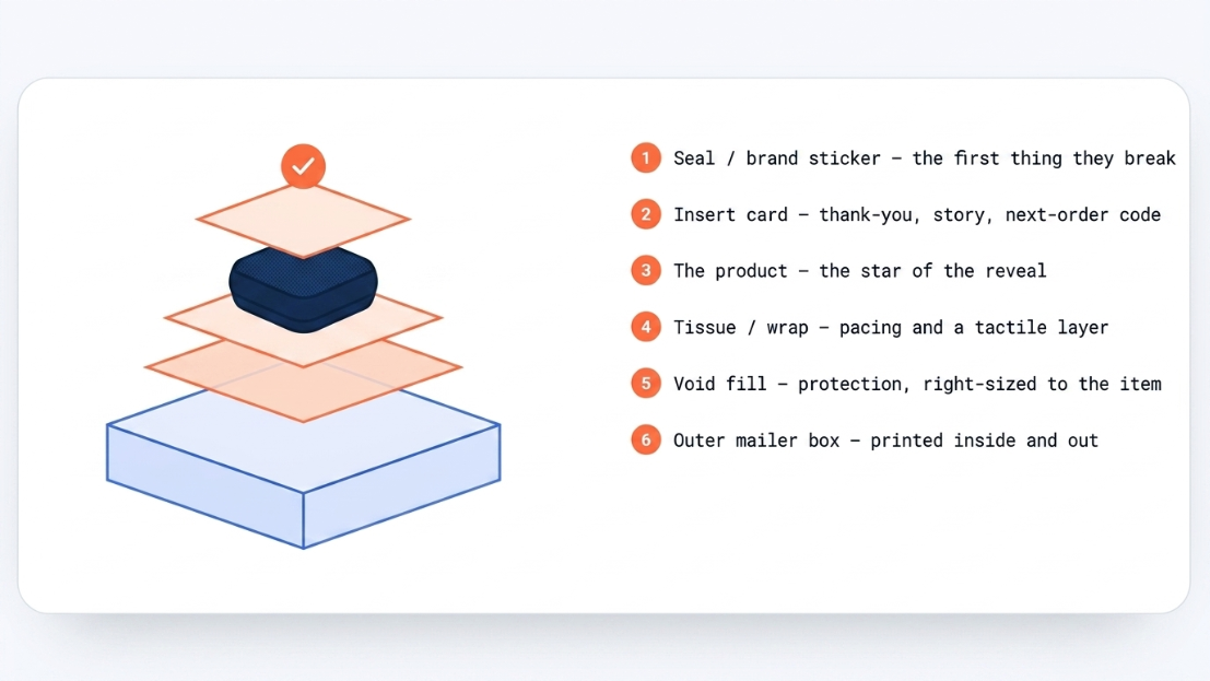 An exploded view infographic mapping out the 6 essential layers of premium e-commerce product packaging design