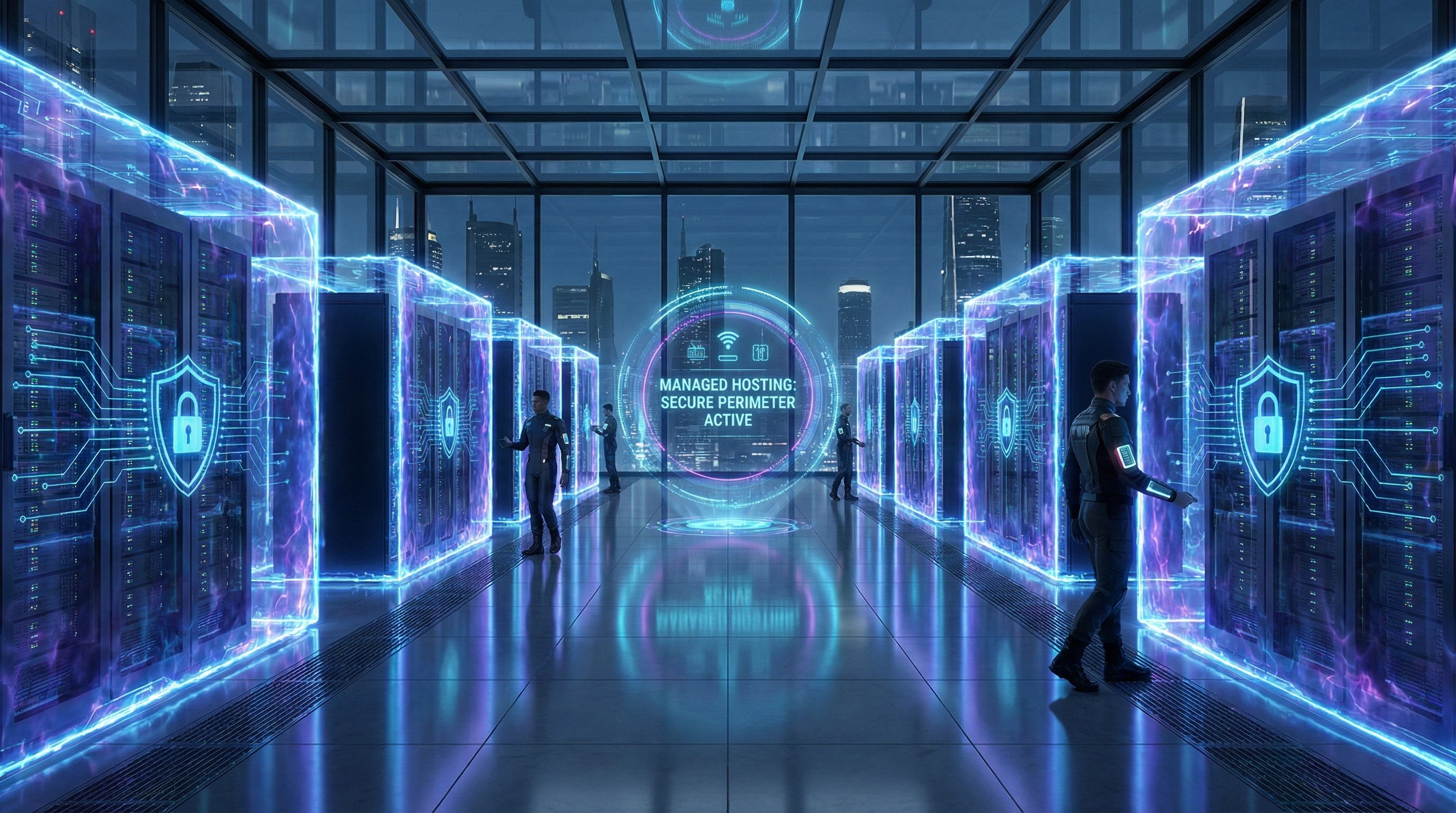 A wide-angle photograph of a futuristic server room at night, featuring multiple rows of dark server racks enclosed in glowing blue and purple translucent digital force fields with circuit patterns and lock icons. Several technicians in dark uniforms walk through the aisles, one of whom is on the right, gesturing towards a rack. In the center aisle, a large, circular holographic display projects the text "MANAGED HOSTING: SECURE PERIMETER ACTIVE" and other symbols. The room has a polished reflective floor and glass walls and ceiling, offering a view of a modern city skyline with skyscrapers.