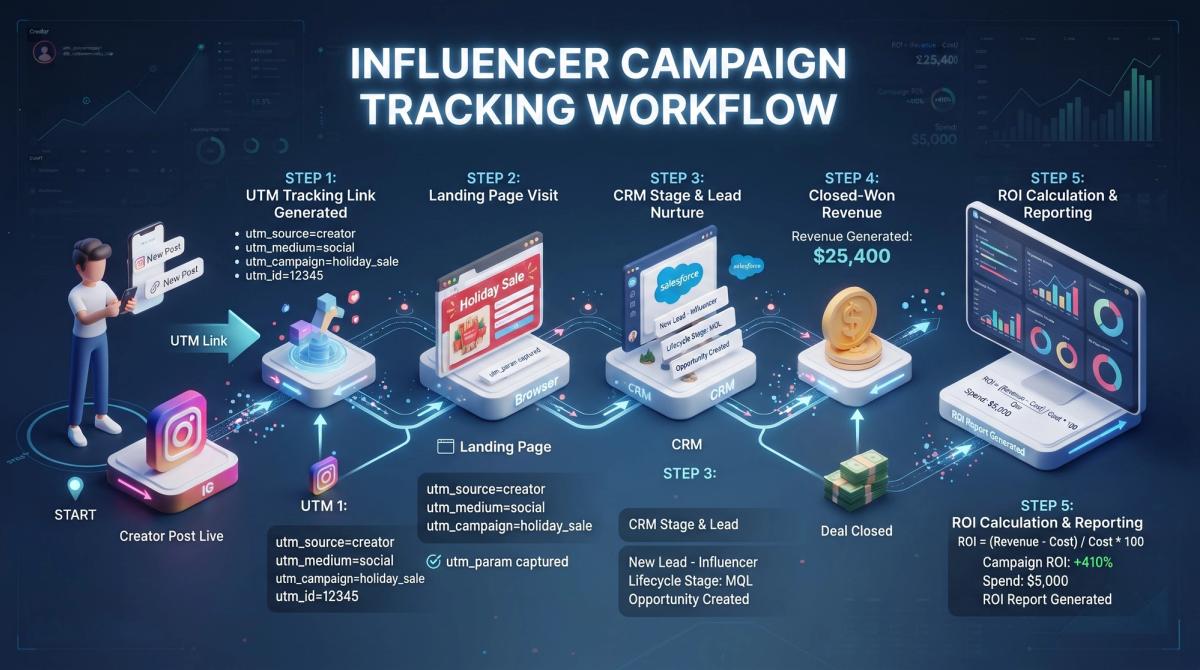 Workflow diagram tracking a creator post from UTM link through landing page, CRM stage, closed revenue, to ROI percentage.
