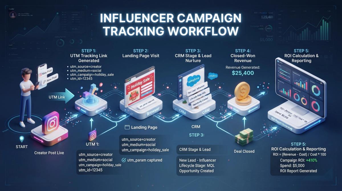 Workflow diagram tracking a creator post from UTM link through landing page, CRM stage, closed revenue, to ROI percentage.