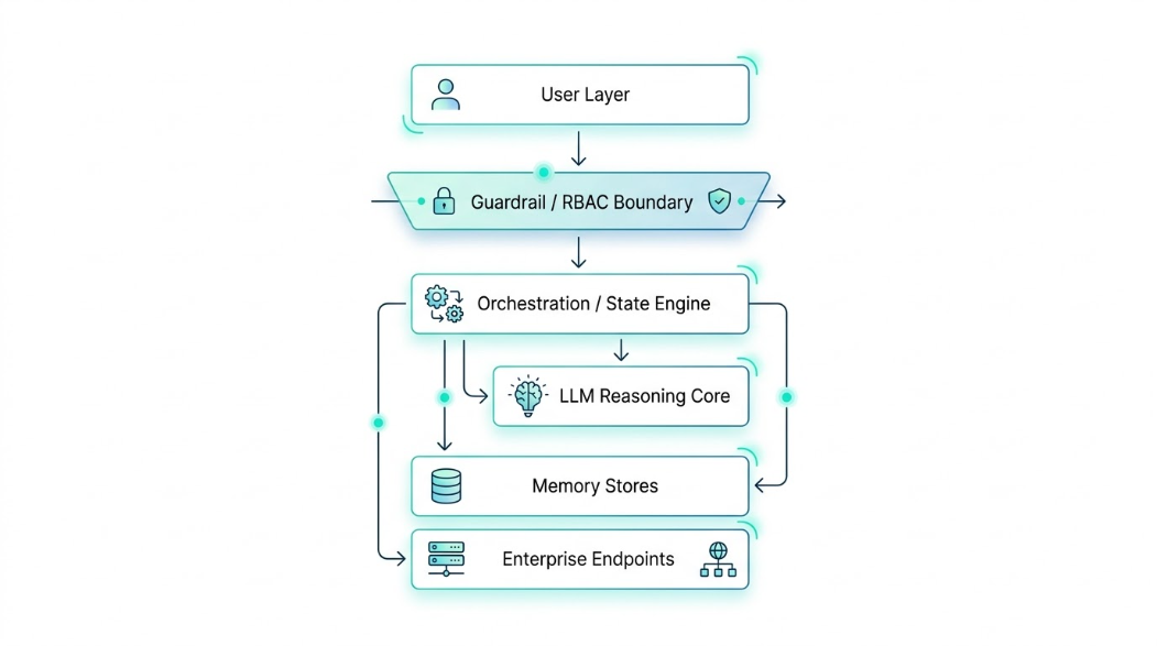 Diagram of enterprise AI agent software stack with guardrails and human oversight layers.