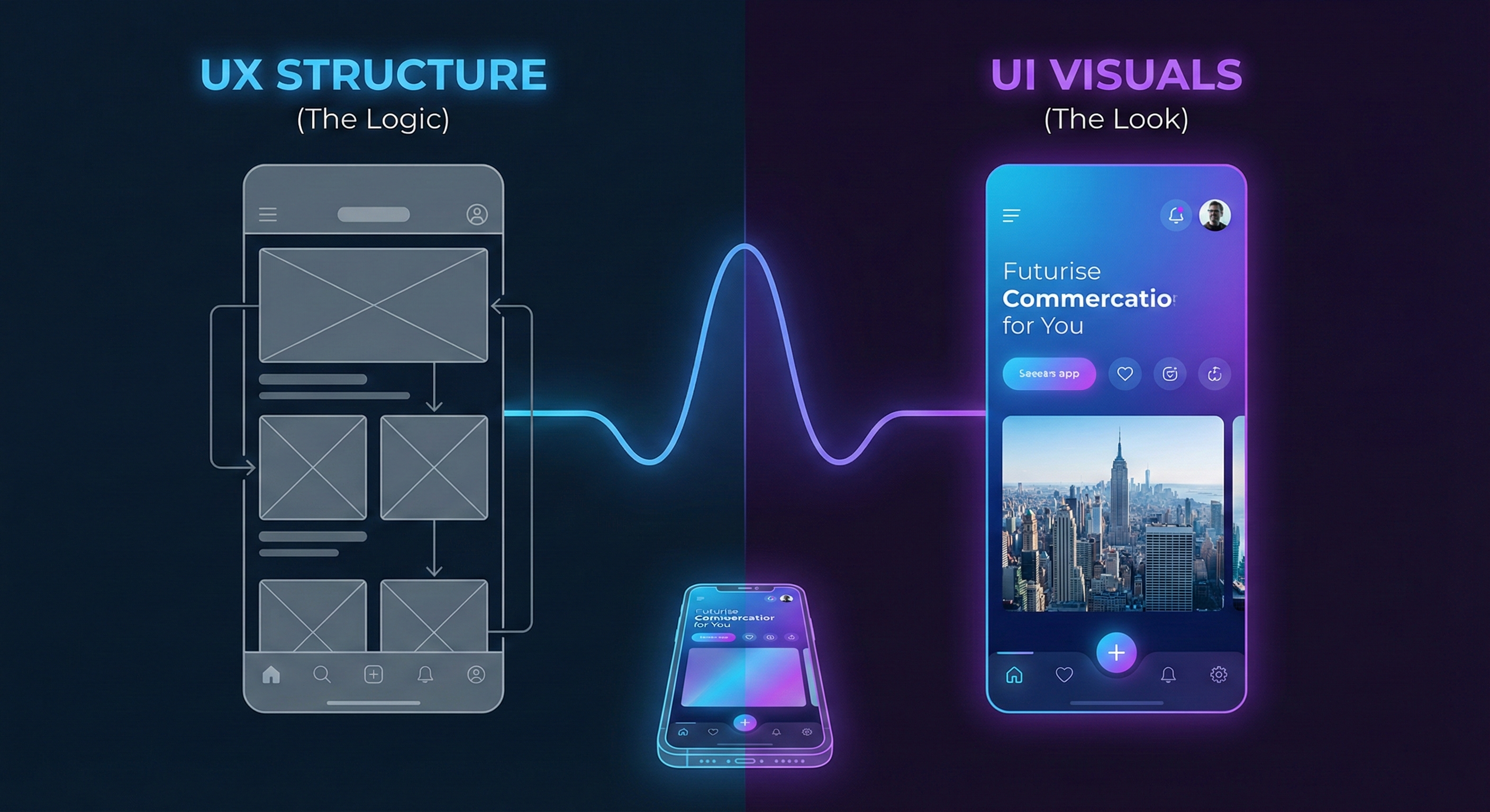 A split-screen digital infographic showing a grey mobile wireframe labeled "UX Structure (The Logic)" on the left and a vibrant purple and blue finished app design labeled "UI Visuals (The Look)" on the right.