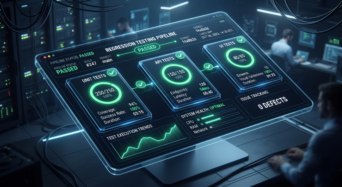 Regression testing automation dashboard showing a passing CI pipeline with Unit, API, and UI test stages