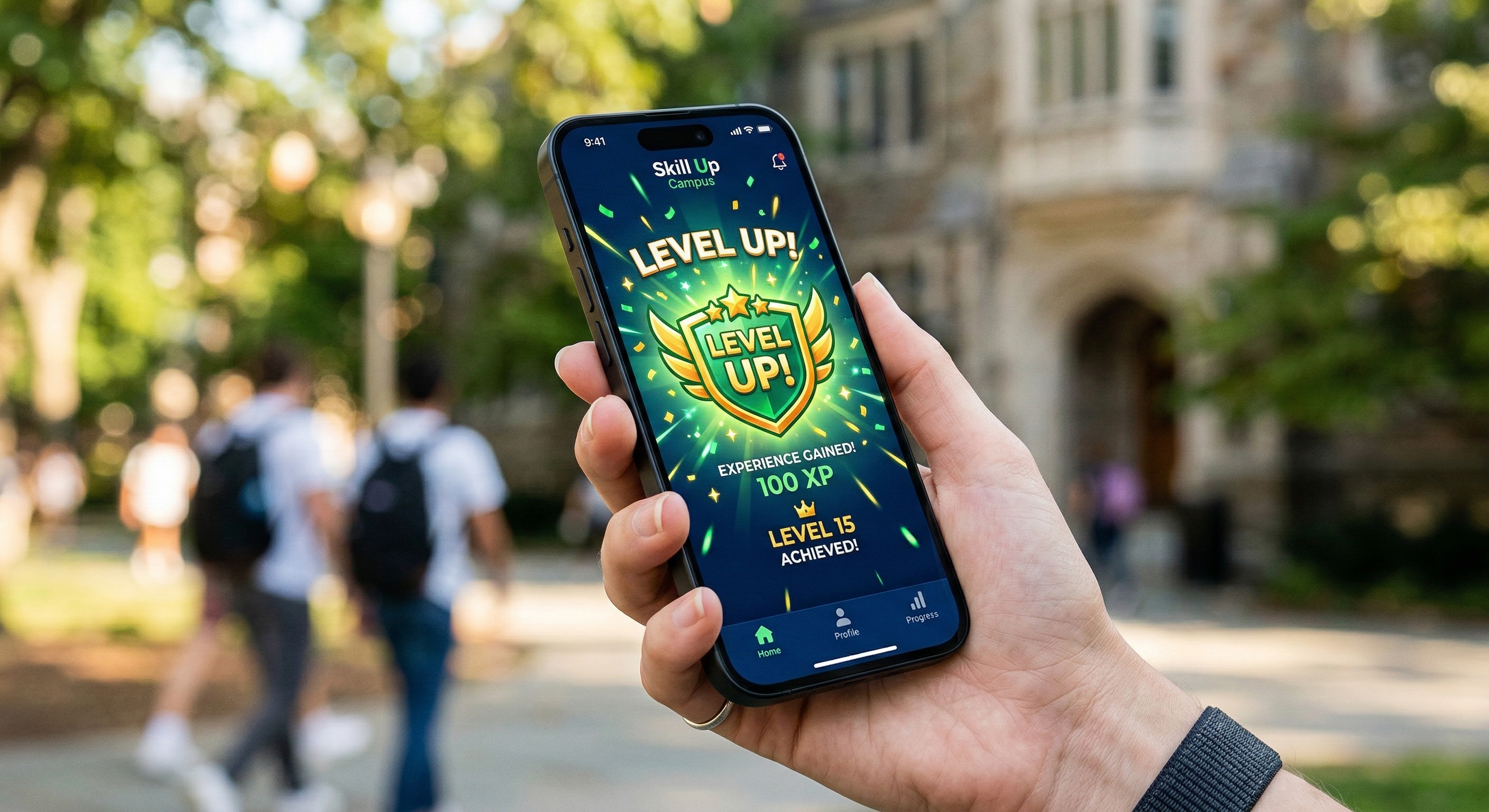 A high-quality close-up photograph of a person's hand holding a sleek smartphone in a sunlit, blurred outdoor campus setting. The screen displays a vibrant gamified learning interface with a glowing green and gold "LEVEL UP!" badge, "100 XP" gained, and "Level 15 Achieved!" celebration. Energetic bright green and yellow light sparks radiate from the achievement badge, emphasizing a rewarding user experience.