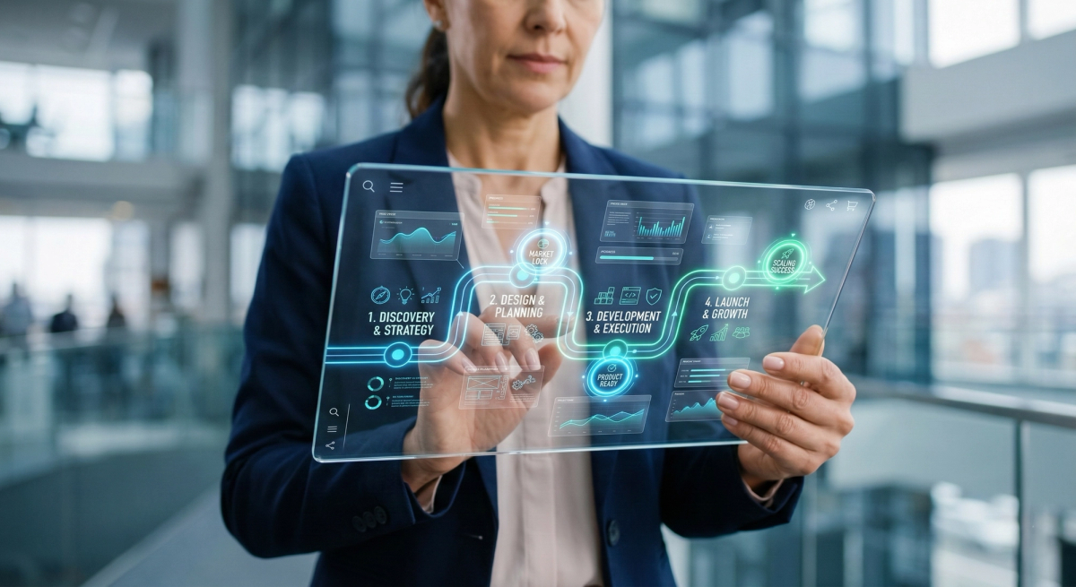 A professional woman in a corporate office holding a transparent glass tablet. The tablet displays a glowing digital roadmap with four sequential stages: 1. Discovery & Strategy, 2. Design & Planning, 3. Development & Execution, and 4. Launch & Growth. The interface features a sleek turquoise neon aesthetic with icons and data visualizations. The background shows a blurred modern office setting with high ceilings and glass railings.