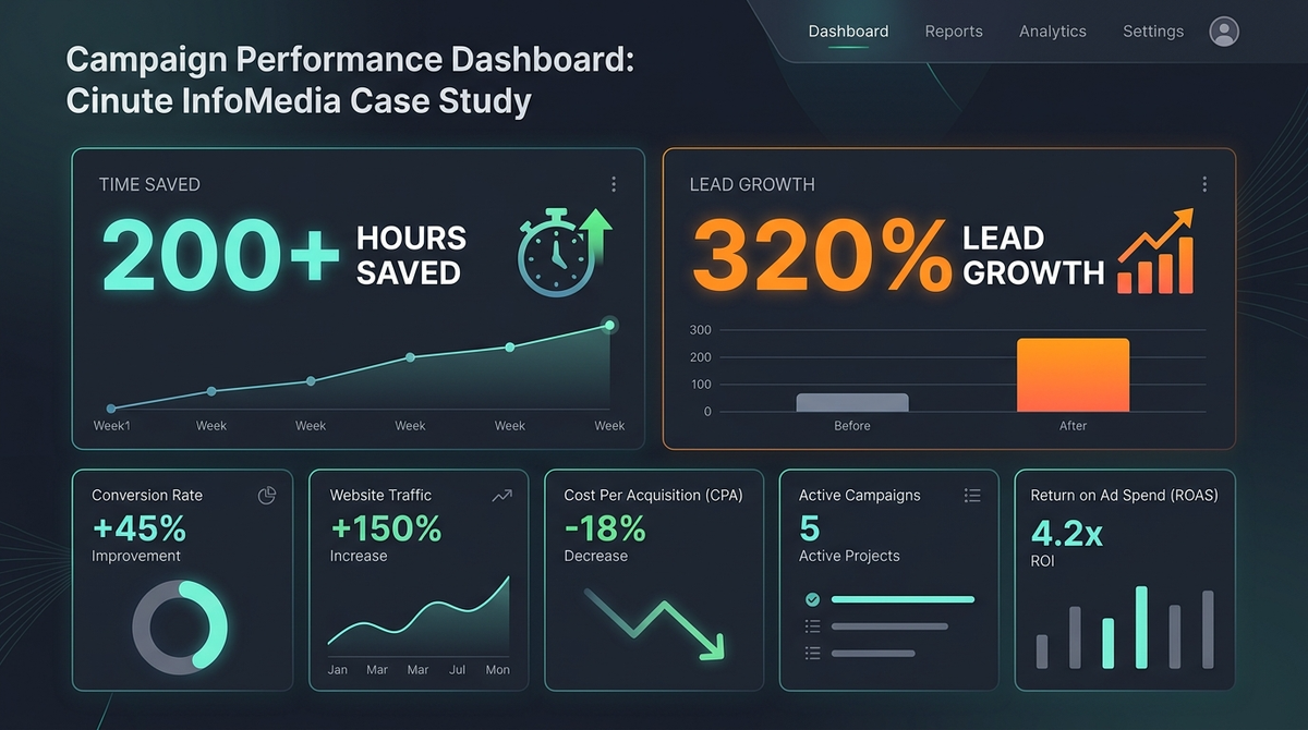 Dashboard showing 200 hours saved and 320 percent lead growth