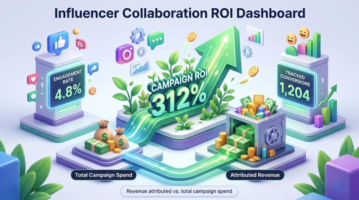 nfluencer collaboration ROI dashboard showing engagement rate, tracked conversions, and a 312% campaign ROI.