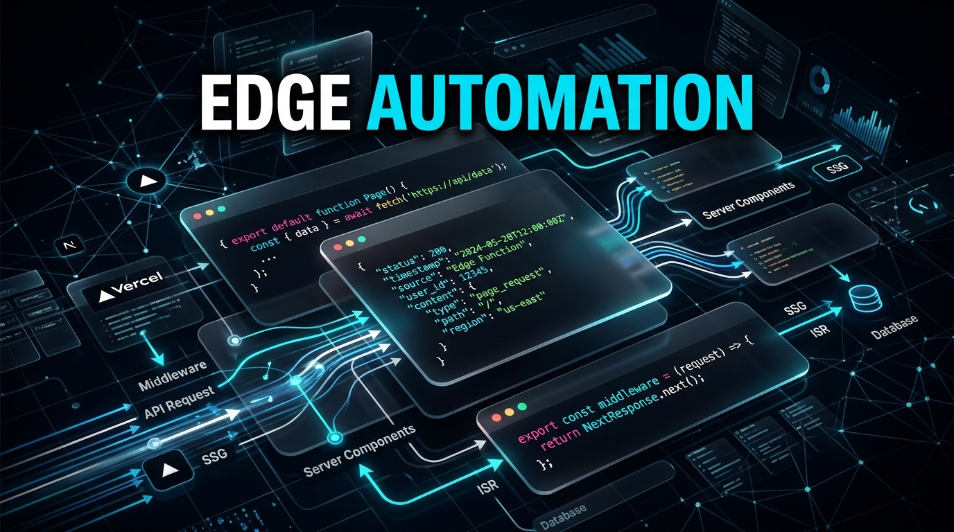 Abstract Next.js visualization with code and 'EDGE AUTOMATION' text.