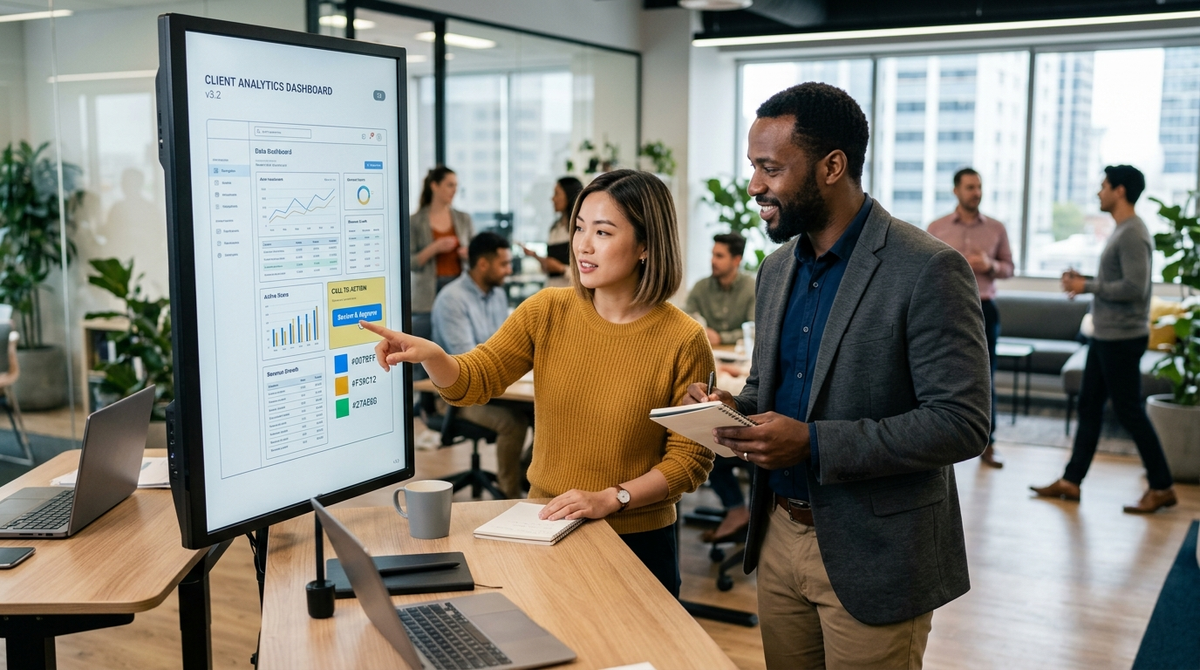 Product Manager and UI designer collaborating on a SaaS dashboard.