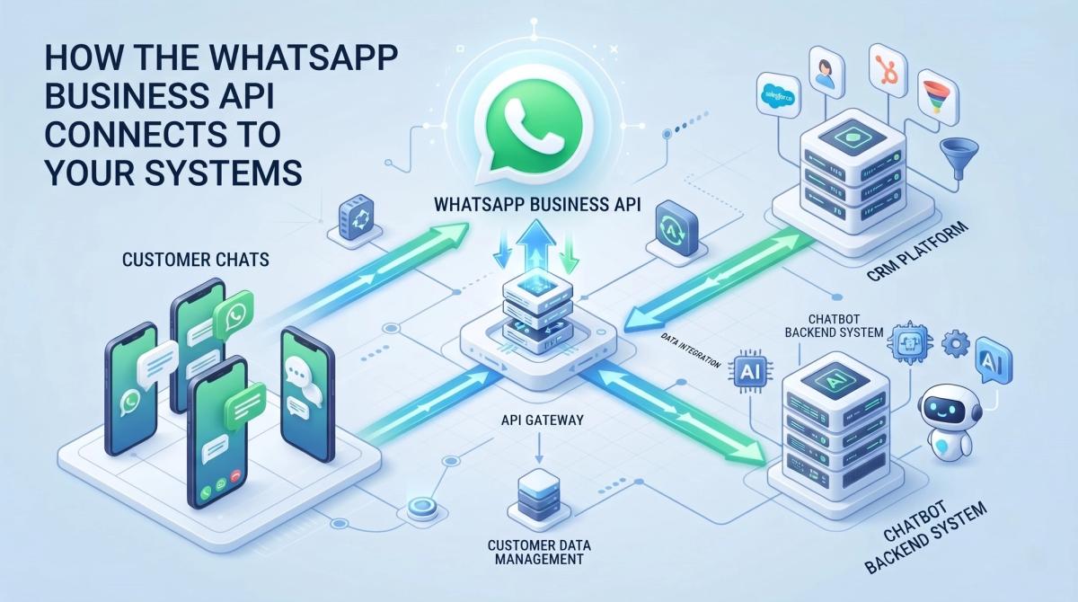 Diagram showing WhatsApp Business API connecting to CRM and chatbot backend systems
