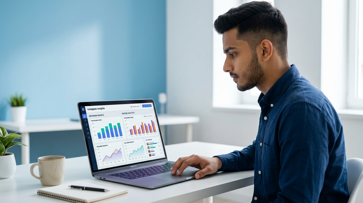 Student reviewing Instagram and YouTube analytics dashboard