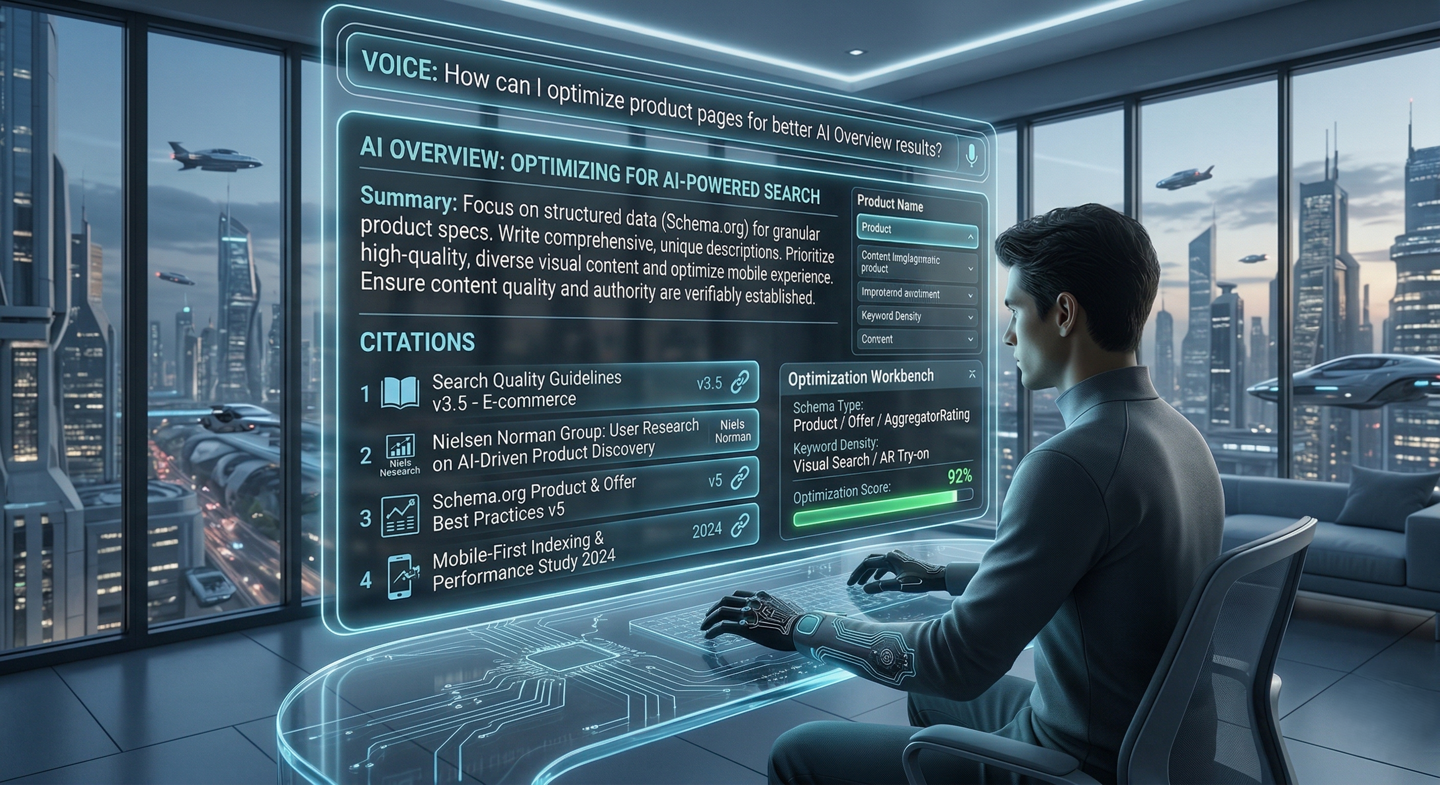 A digital professional in a futuristic office interacting with a holographic "AI Overview" interface. The display shows optimization tips for AI-powered search, a list of authoritative citations including Schema.org, and a real-time "Optimization Workbench" with a 92% score, set against a sci-fi city skyline.