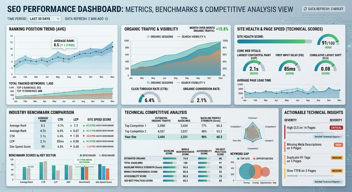 Dashboard showing SEO metrics comparison with industry benchmarks, competitor analysis, and performance trends across rankings, traffic, and technical scores