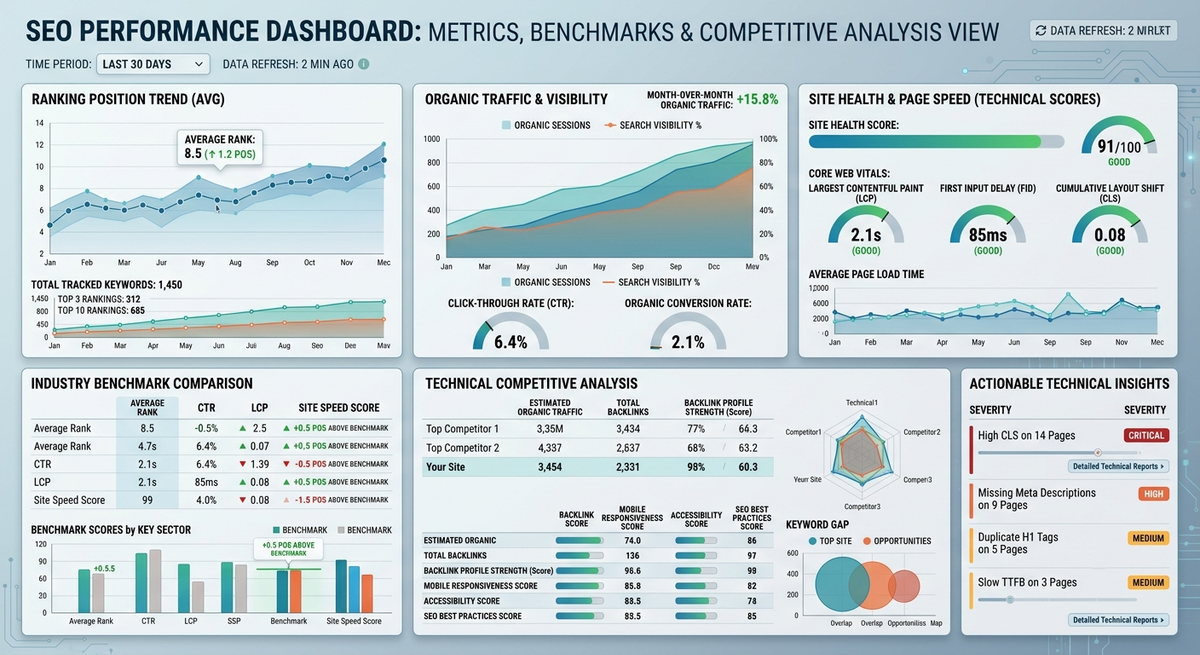 Dashboard showing SEO metrics comparison with industry benchmarks, competitor analysis, and performance trends across rankings, traffic, and technical scores
