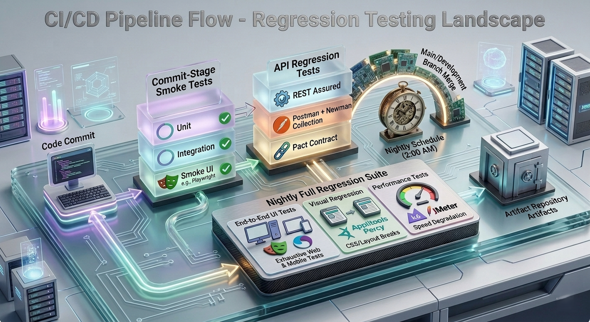 CI/CD pipeline flow diagram showing code commit triggering smoke tests, then API regression tests, then nightly full regression suite