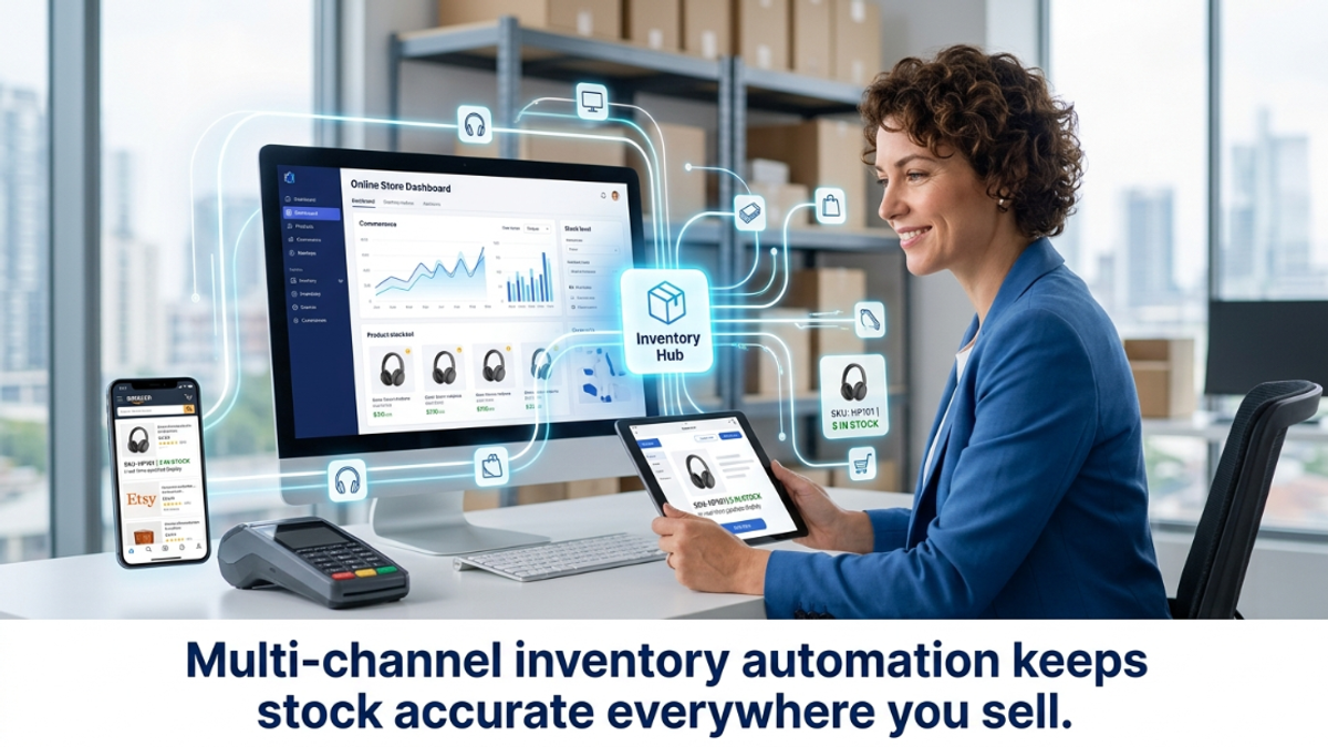 An e-commerce business owner tracking product data across a synced desktop dashboard, tablet, and smartphone using multi-channel inventory automation.