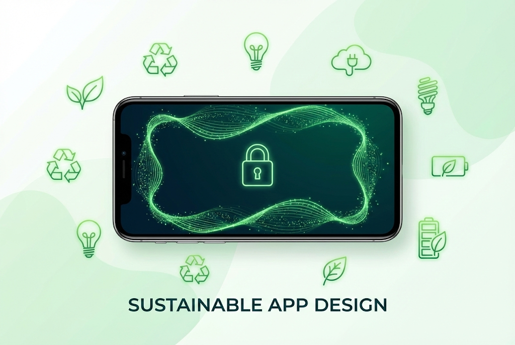A horizontal smartphone with a glowing green lock and data waves, surrounded by eco-friendly icons like leaves and recycling symbols.