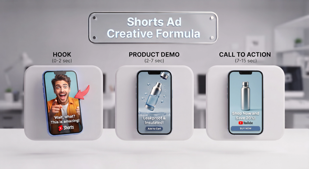 Three-panel storyboard of a YouTube Shorts ad with hook, product demo, and call to action