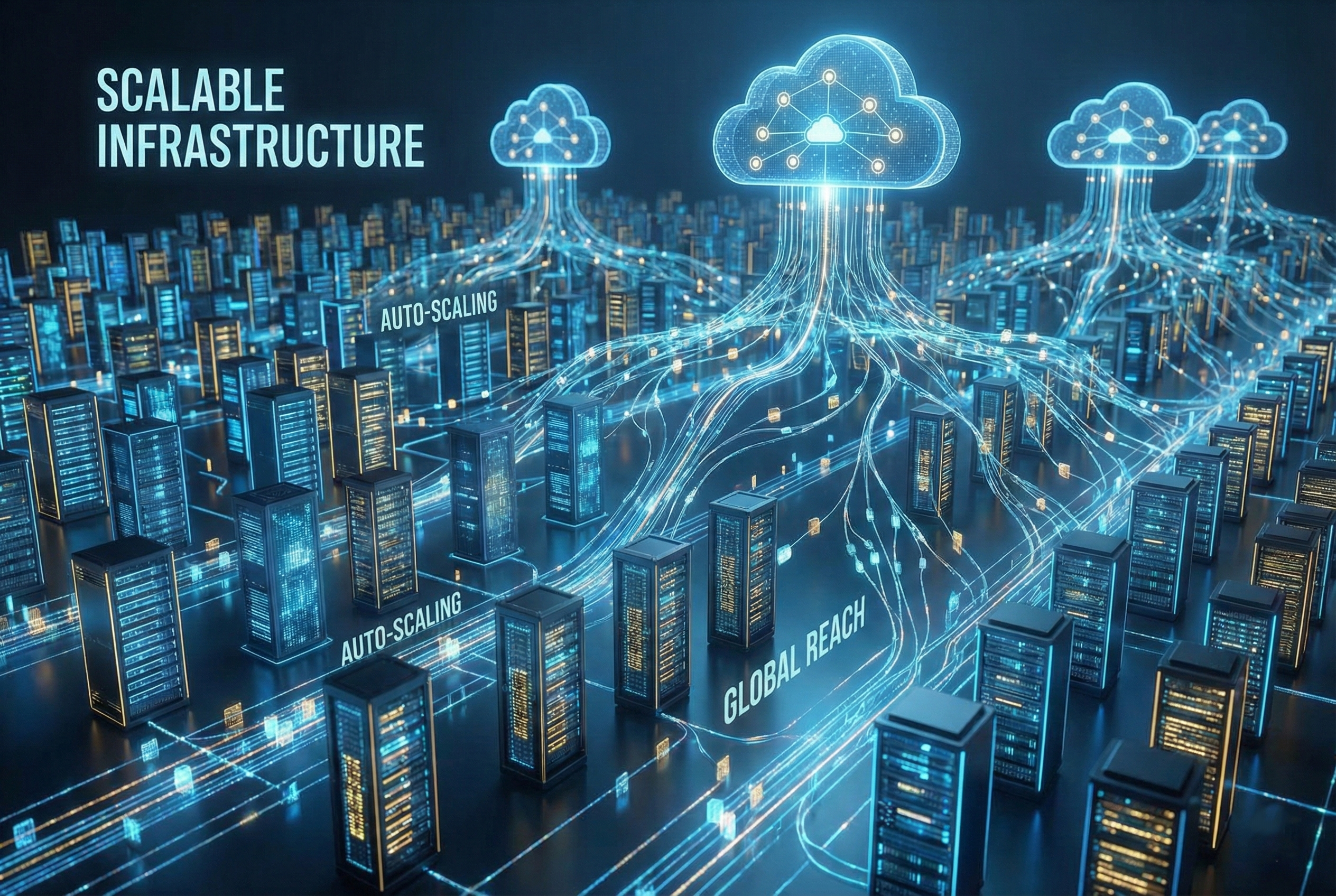 A high-tech digital landscape of glowing blue server racks and cloud icons interconnected by data streams, with the text "Scalable Infrastructure