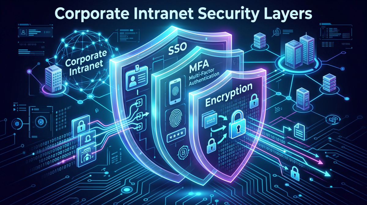 Layered security shield for a corporate intranet with SSO, MFA and encryption